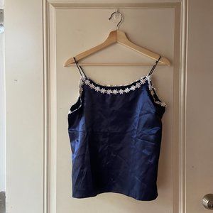 Blue Satin Pajama Set Floral Embroidery Shorts S-M